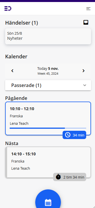 Startsida mobilt läge när eleven har händelser och schema.